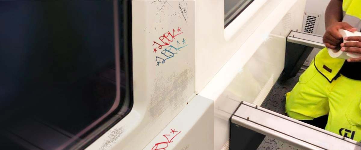 Foiling interiors on a commuter train to protect from scratches and other sabotage.