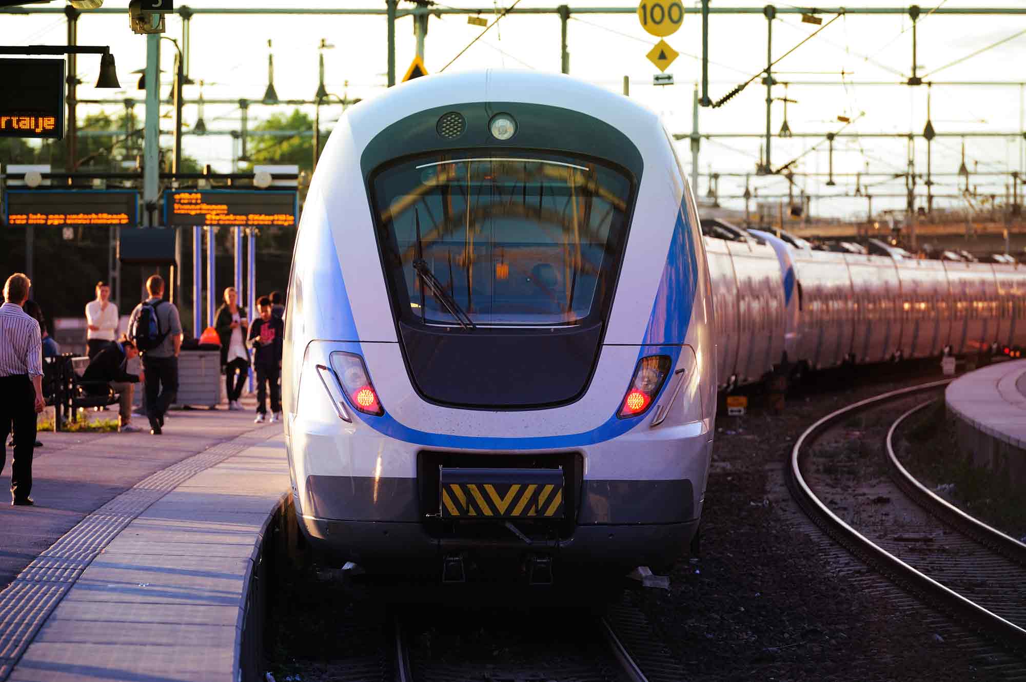 Swedish commuter train at station.